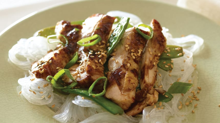 Hoisin Glazed Chicken Thighs Over Rice Noodles Jamie Geller