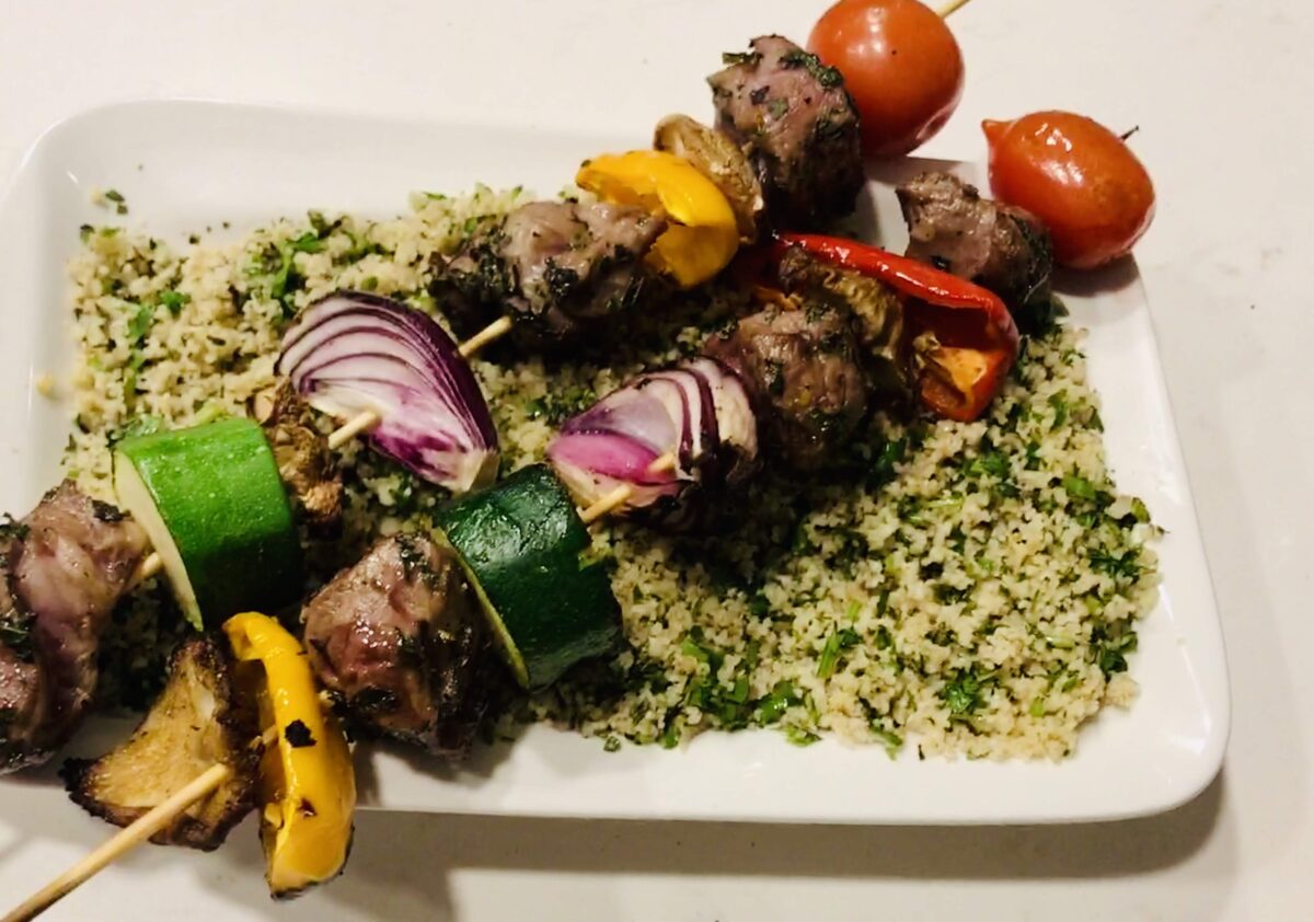 kabob with green couscous wide