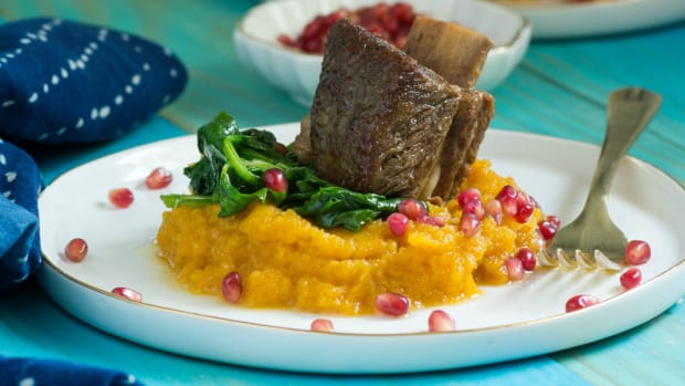 Beer-Braised Short Ribs with Mashed Butternut Squash and Spinach