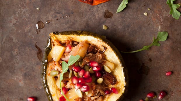 Braised Apples and Veal served in Acorn Squash Cups with Pepitas