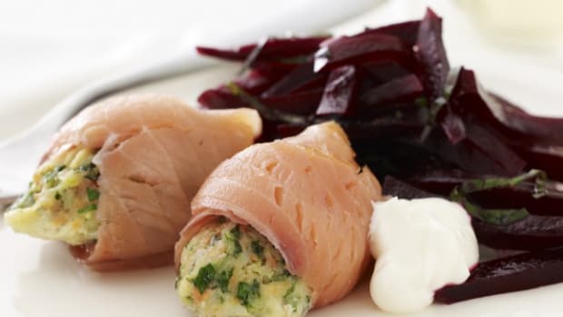 Chilean Sea Bass Mousse Wrapped with Smoked Salmon with Horseradish Lemon Aioli