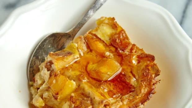 Banana and Peach Matzo Brie Bake - easy to make ahead and have ready for all your guests the next morning