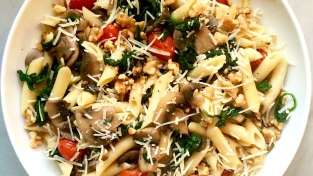 Summer Pasta with Veggies, Walnuts, and Parmesan