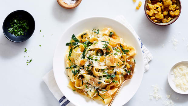Pappardelle Pasta with Brown Butter, Raisins, and Wilted Kale