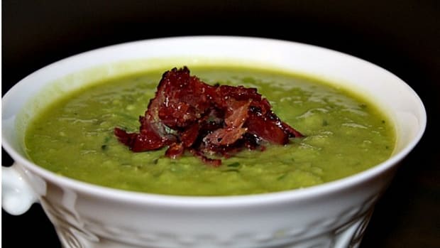 minted pea soup with pastrami