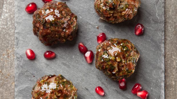 Baked Spinach Meatballs with Pomegranate Glaze
