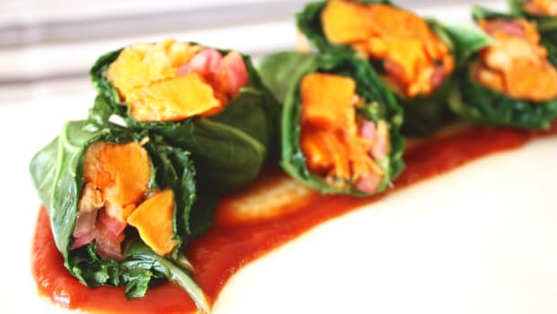 BBQ Collard Rolls With Pickled Onions and Jicama Carrot Slaw
