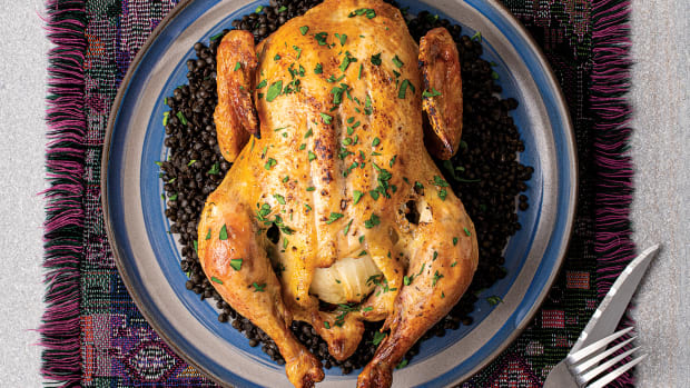 ROAST CHICKEN WITH SCHMALTZ MASSAGE AND LE PUY LENTILS wide
