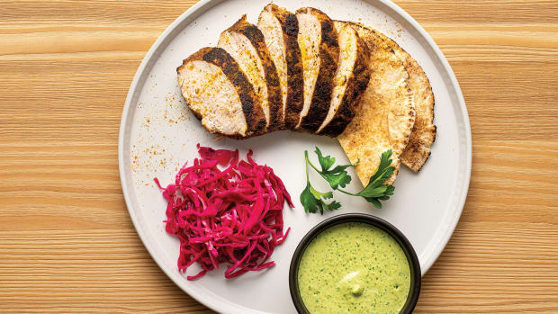 TURKEY SHAWARMA WITH GARLIC AND HERB TAHINI AND PICKLED RED CABBAGE wide
