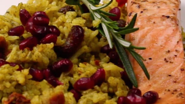 Pomegranate Salmon with Festive Herb Pilaf