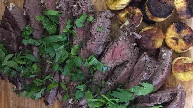 sheet pan steak dinner London broil with plantains