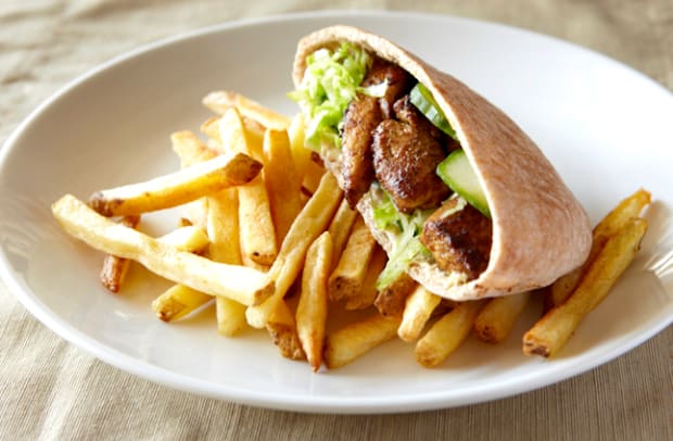 Shawarma Chicken and Chummus Pitas with French Fries