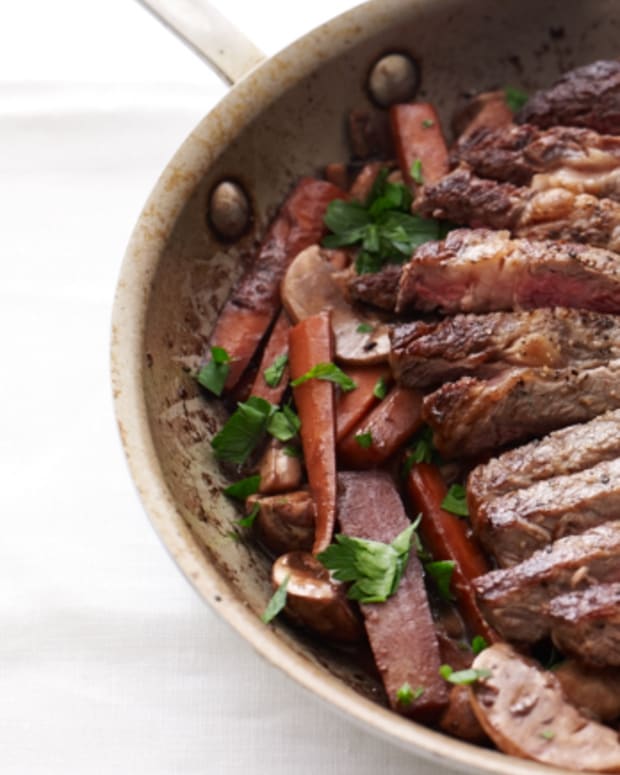 Steak with Red Wine Glazed Carrots, Parsnips & Mushrooms