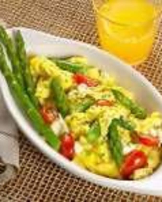 Fresh Asparagus Scramble with Herbed Cream Cheese & Tomatoes