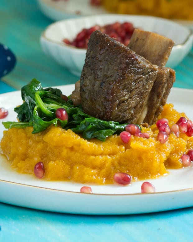 Beer-Braised Short Ribs with Mashed Butternut Squash and Spinach