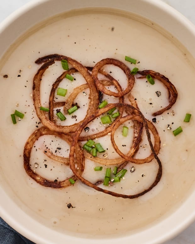 Roasted Potato Leek Soup with Onion Haystack