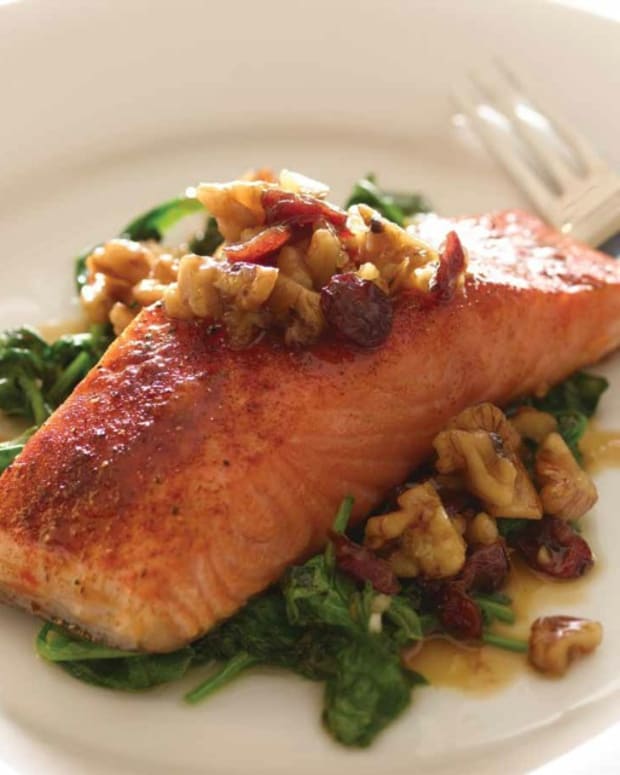 cranberry walnut salmon on a bed of spinach (99)