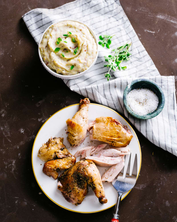 Apple Cider Chicken with Mashed Red Potatoes and Leeks