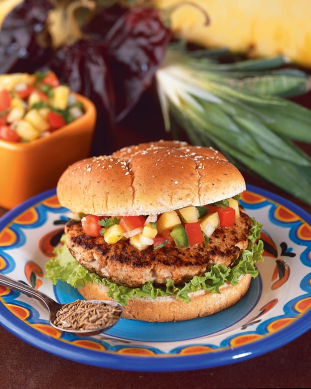 Southwestern Grilled Turkey Burgers with Pineapple Pico de Gallo