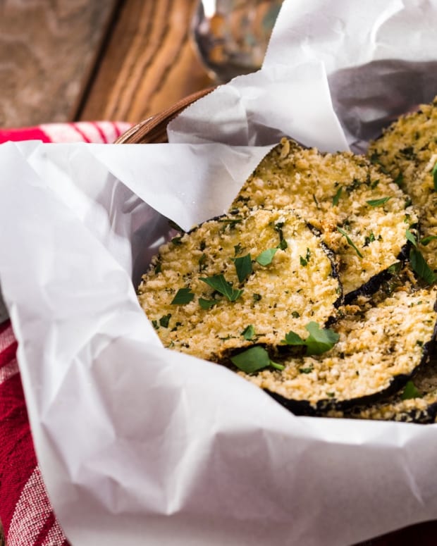 Baked Eggplant Chips with Tzaziki Dip