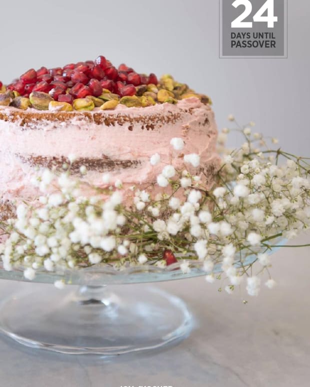Countdown Pistachio cardamom cream cake with pomegranate filling