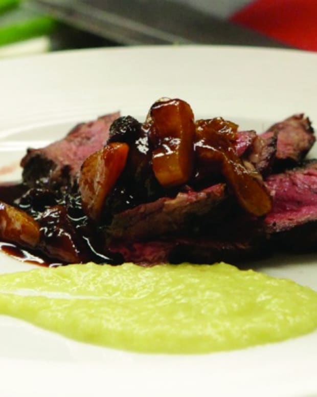 Brined Steak for Two with Fennel Puree and Apricot and Raisin Compote