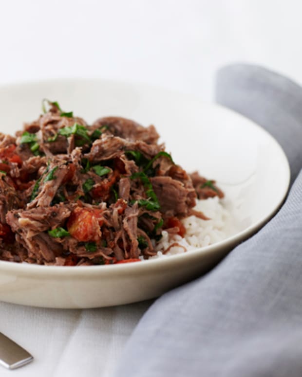 Shredded Lamb with Tomato and Basil over Rice