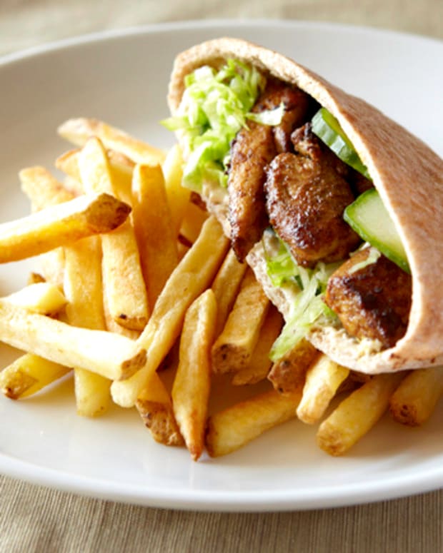 Shawarma Chicken and Chummus Pitas with French Fries