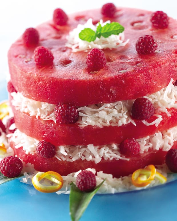 Watermelon Cake with Coconut and Raspberries