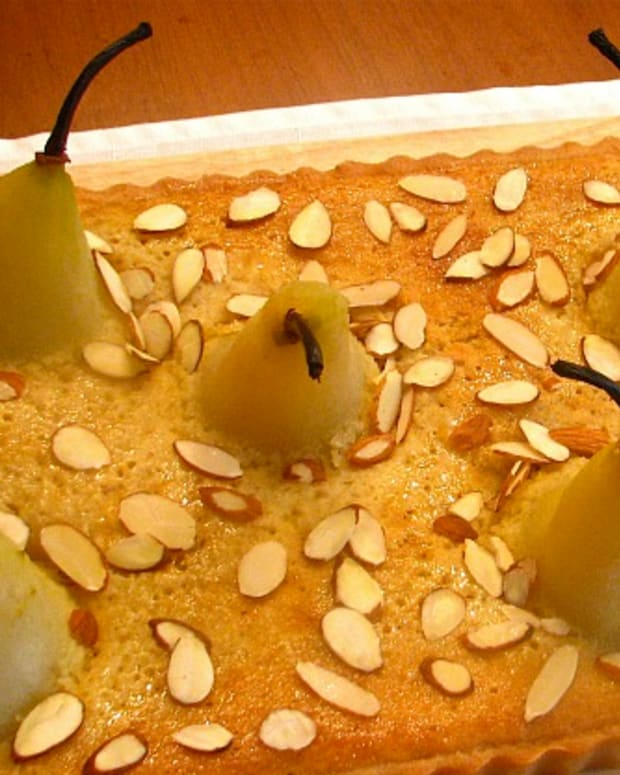 Frangipane Tart with Amaretto Honey Poached Pears