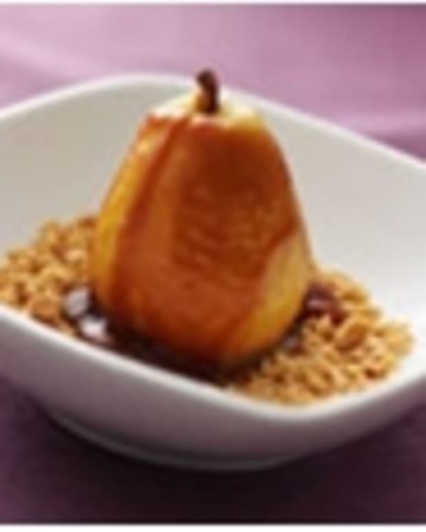 Poached Pears with Vanilla Caramel Sauce and Toasted Peanuts