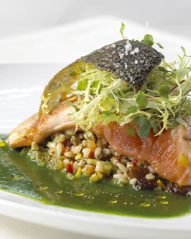 Roasted Salmon with Pearl Barley and Parsley Coulis