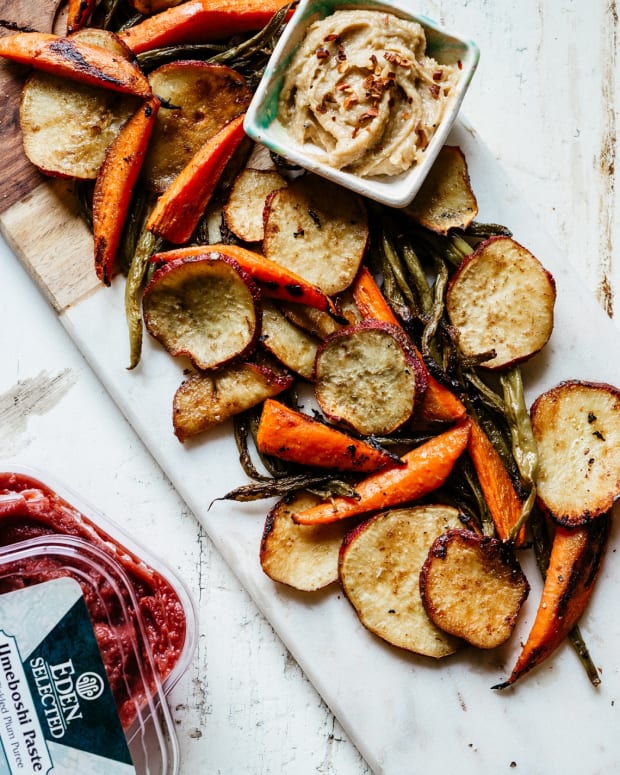 Umeboshi Roasted Vegetables with Tahini Ginger Dip