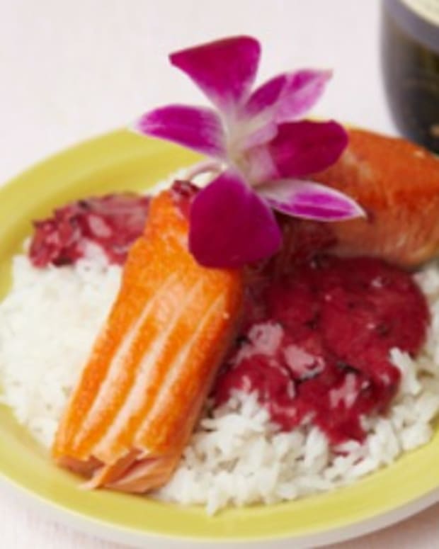 salmon with hibiscus cream sauce