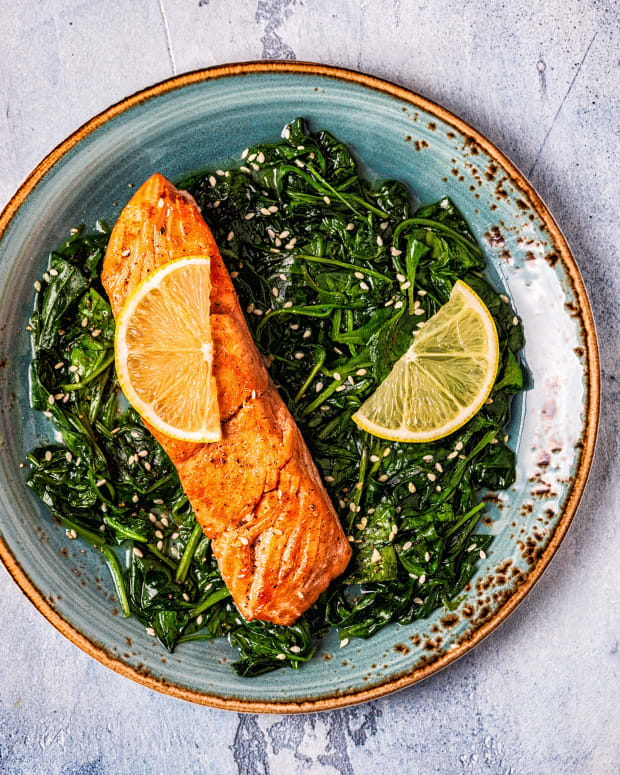 Roasted Sesame Salmon with Wilted Spinach
