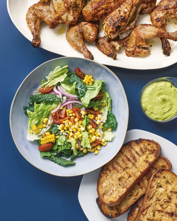 Grilled Chicken & Corn Salad with Avocado-Za’atar Green Goddess Dr