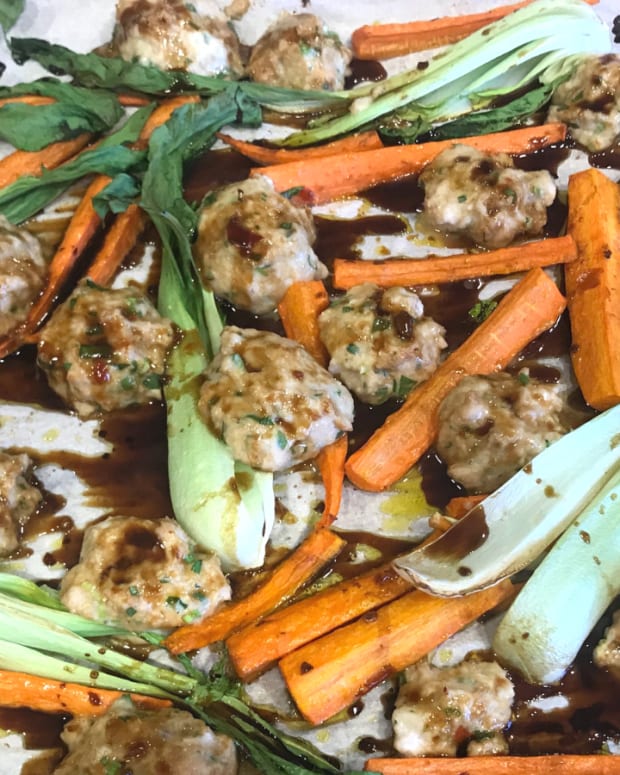 Asian Chicken Meatballs with Carrots and Bok Choy Sheet Pan