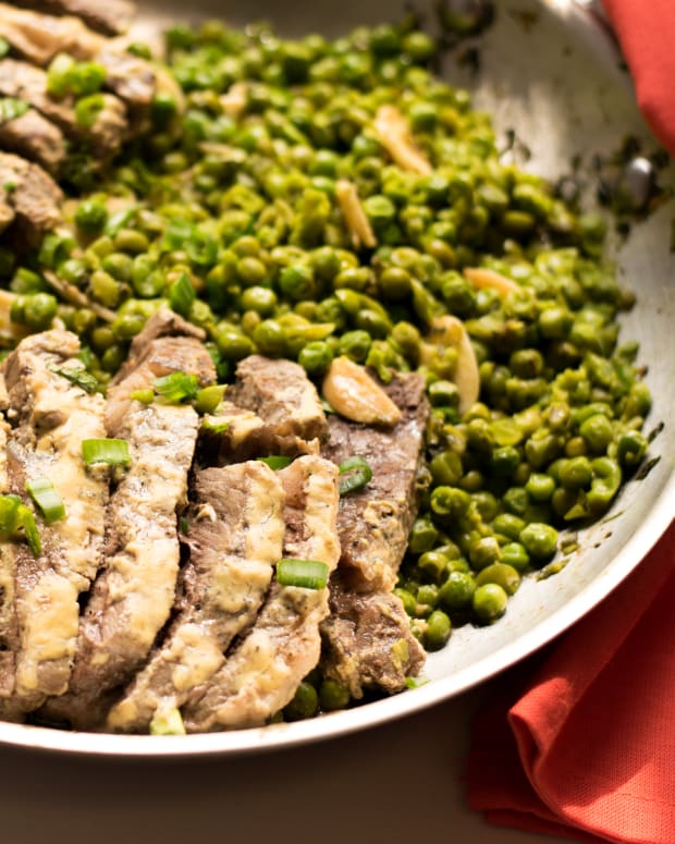skillet steak with minted peas