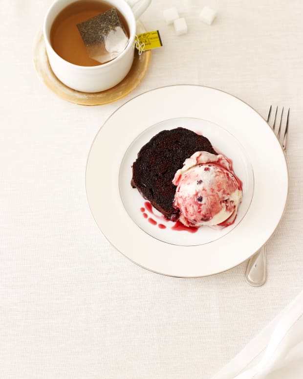 chocolate cake with pomegranate swirl ice cream