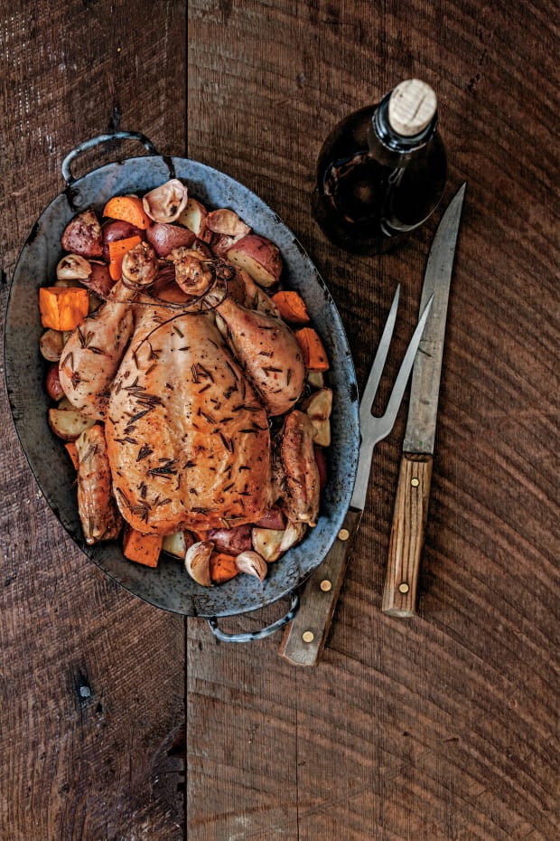 Apple Stuffed Rosemary Roast Chicken With New Potatoes