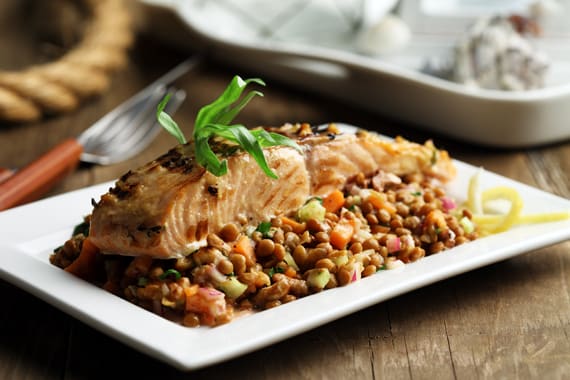 Grilled Salmon Over Lentil Salad with Walnut Vinaigrette - Jamie Geller