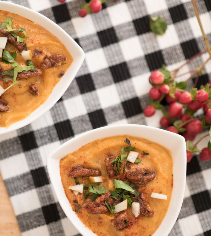 Root vegetable soup/sunchoke soup with spiced nuts