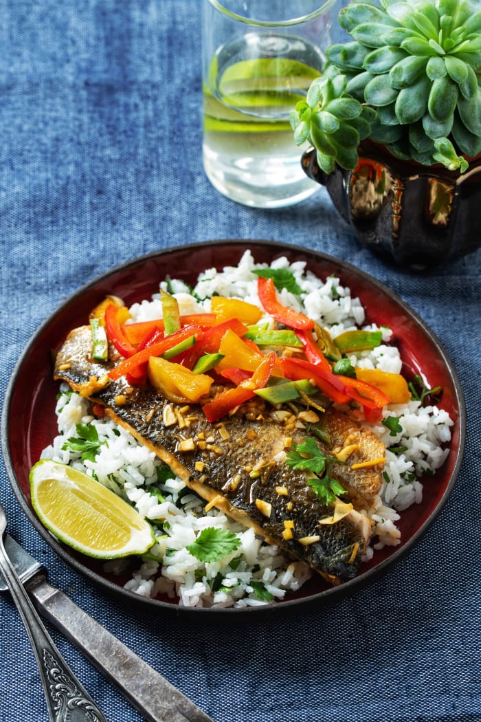 Ginger Lime Branzino with Rice and Vegetables - Jamie Geller