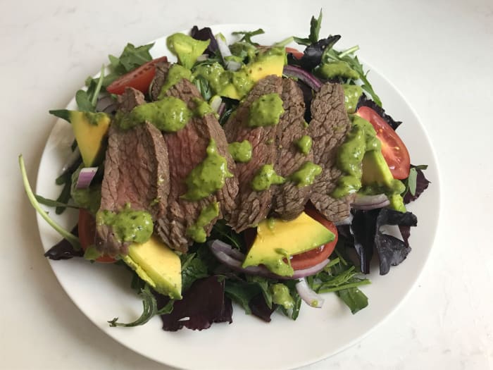 Southwestern Steak Salad With Cilantro Avocado Dressing Jamie Geller 