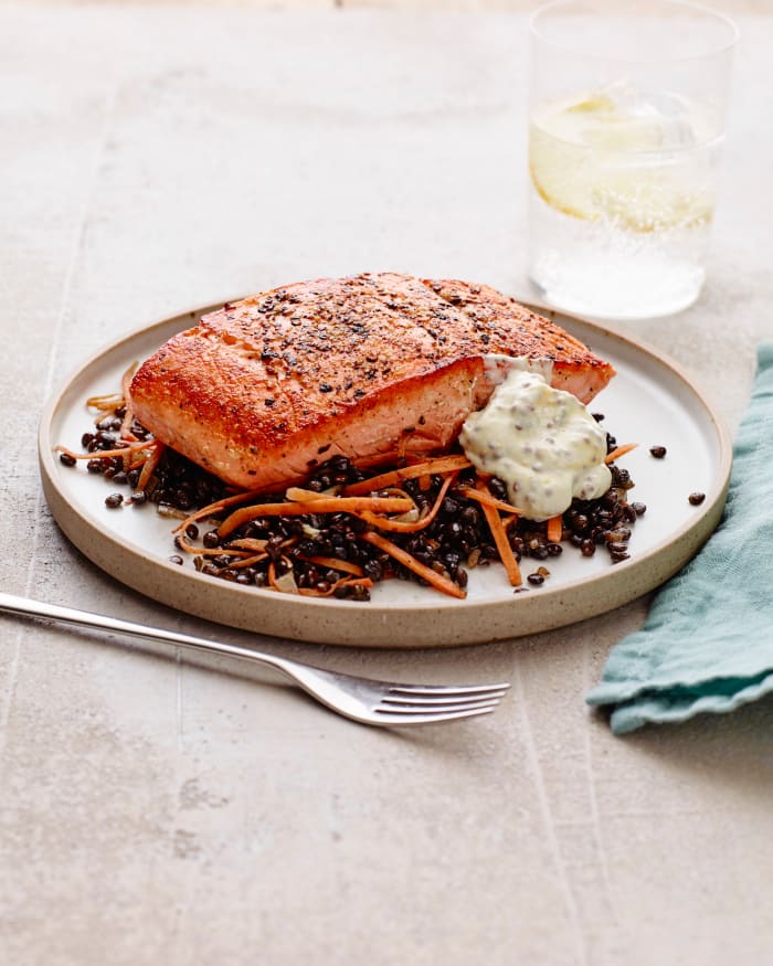 Salmon Over Black Lentils With Carrots And Creamy Mustard Sauce - Jamie ...