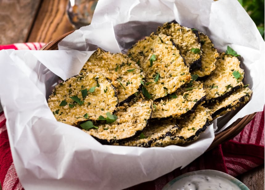 Baked Eggplant Chips with Tzaziki Dip - Jamie Geller