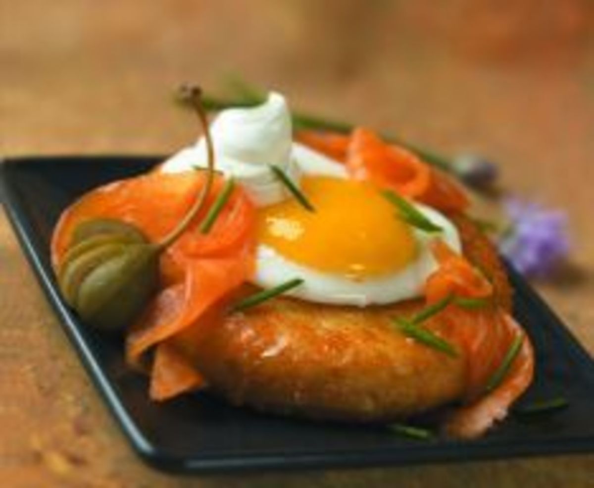 Idaho® Potato and Eggs with Smoked Salmon, Creme Fraiche and Chives