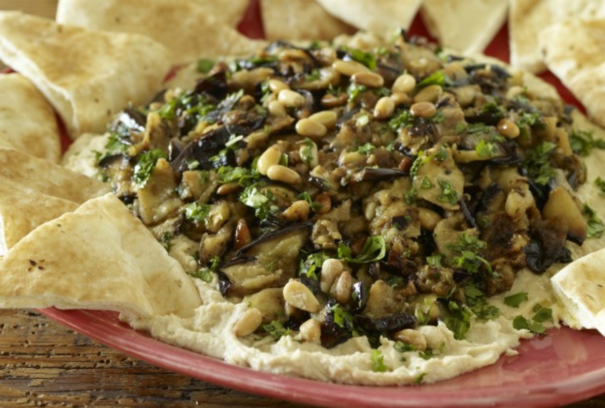 Layered Hummus and Eggplant with Roasted Garlic and Pine Nuts