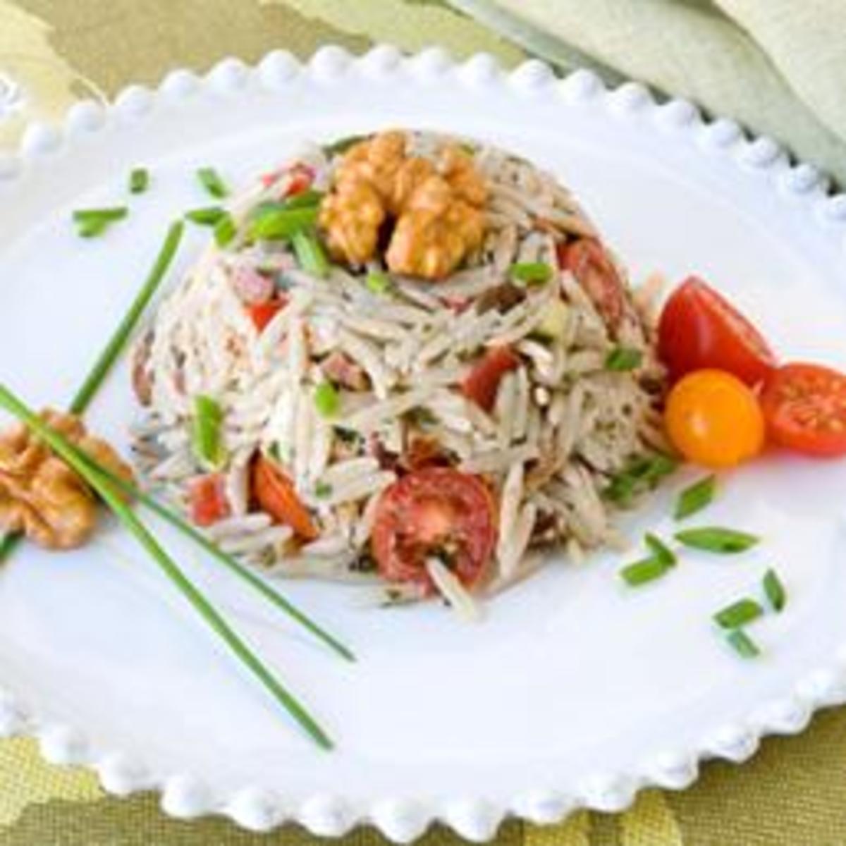 Warm Orzo and Walnut Salad with Garden Vegetables, Chevre and Herbs