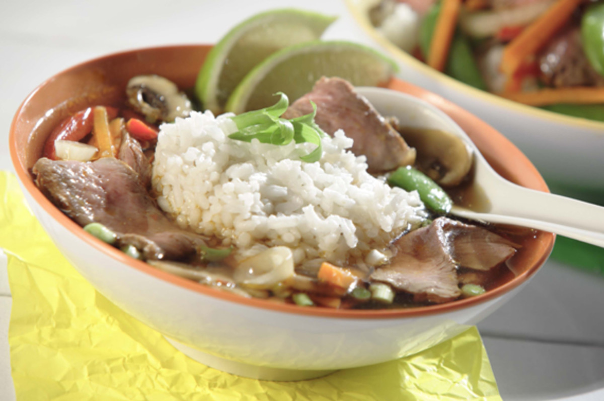 Spicy Ginger Beef & Rice Soup with Lime